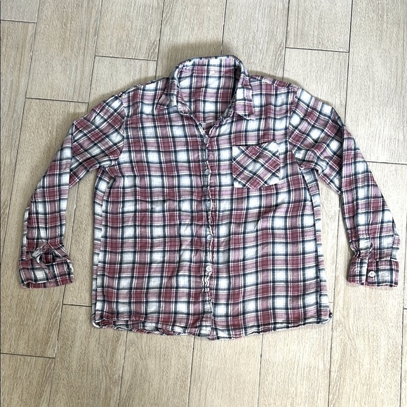 Red Plaid Long Sleeve Button Down Shirt Single Pocket Fall Autumn 🍂 Thanksgiving - Picture 5 of 8